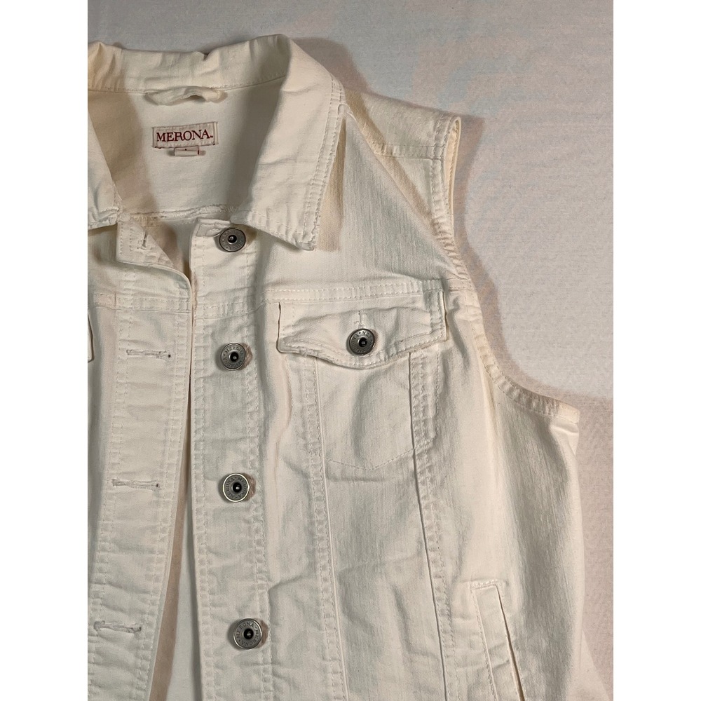 Merona Cream White Denim Vest Womens Large Stretch Button Front Trucker Jacket - Picture 3 of 11